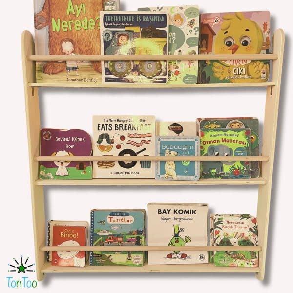 Ahşap Montessori Kavelalı Çocuk Kitaplığı | Ergonomik Kontrplak Kitap Rafı | Çocuk Odası Düzenleyici