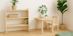 Ahşap Montessori kitaplık ve doğal çocuk masa sandalye takımı ile çocuk odası dekorasyonu