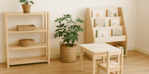 Ahşap Montessori kitaplık ve doğal çocuk masa sandalye takımı ile çocuk odası dekorasyonu