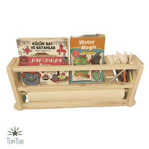 Ahşap Montessori masa üstü organizer. Çocuk çalışma masası için kalemlikli ve kağıt rulolu düzenleyici. Eğitici aktivite panosu.