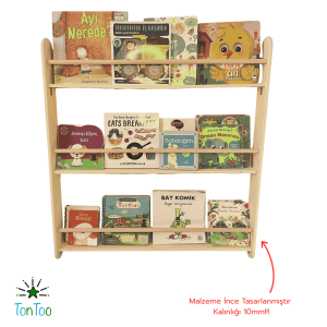 Ahşap Montessori çocuk kitaplığı. 3 raflı dikey kontrplak Kavelalı kitaplık (80x74 cm). Kitaplara kolay erişim rafı.