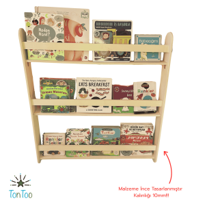 Ahşap Montessori çocuk kitaplığı. 3 raflı dikey kontrplak kitaplık (80x74 cm). Kitaplara kolay erişim rafı.