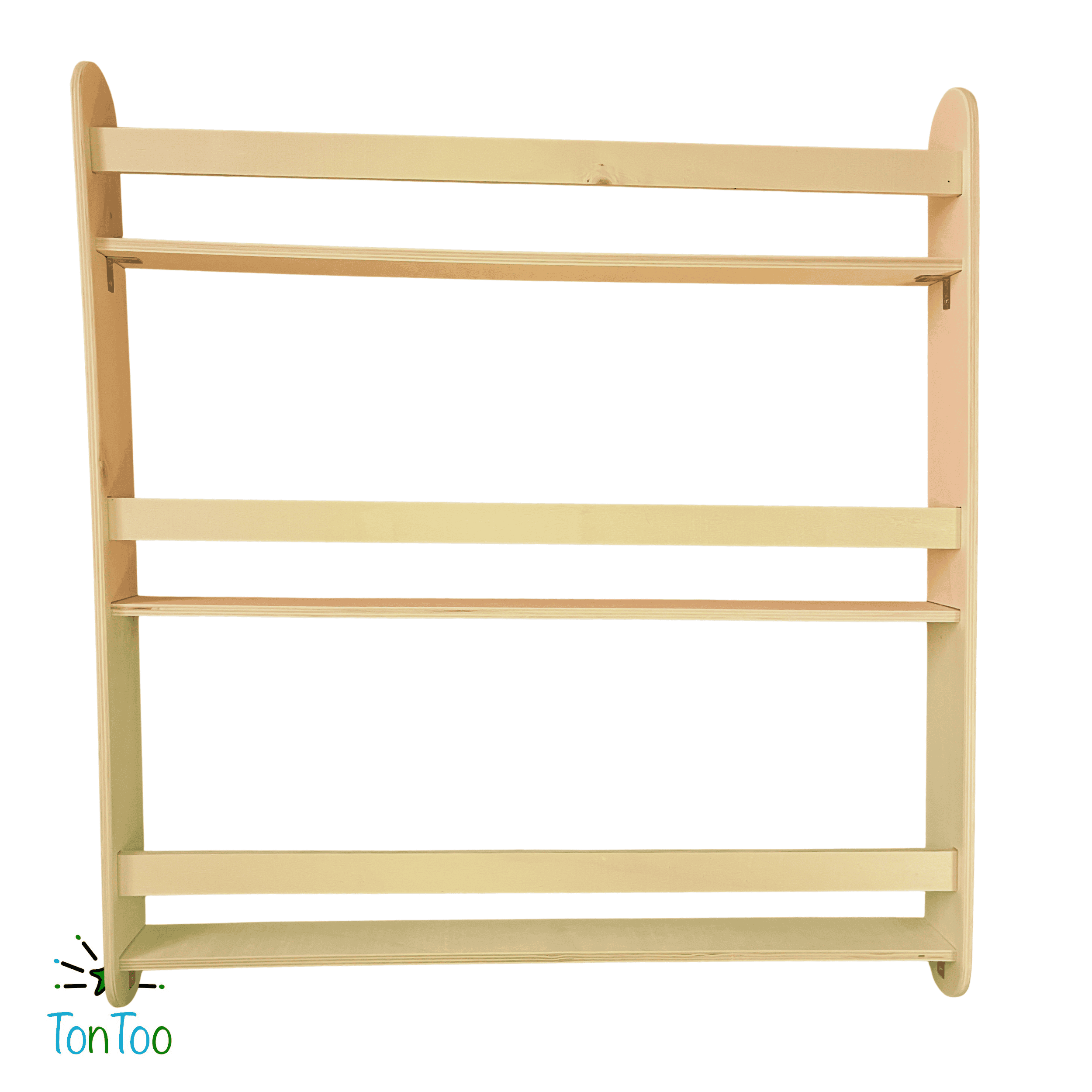 Ahşap Montessori çocuk kitaplığı. 3 raflı dikey kontrplak kitaplık (80x74 cm). Kitaplara kolay erişim rafı.