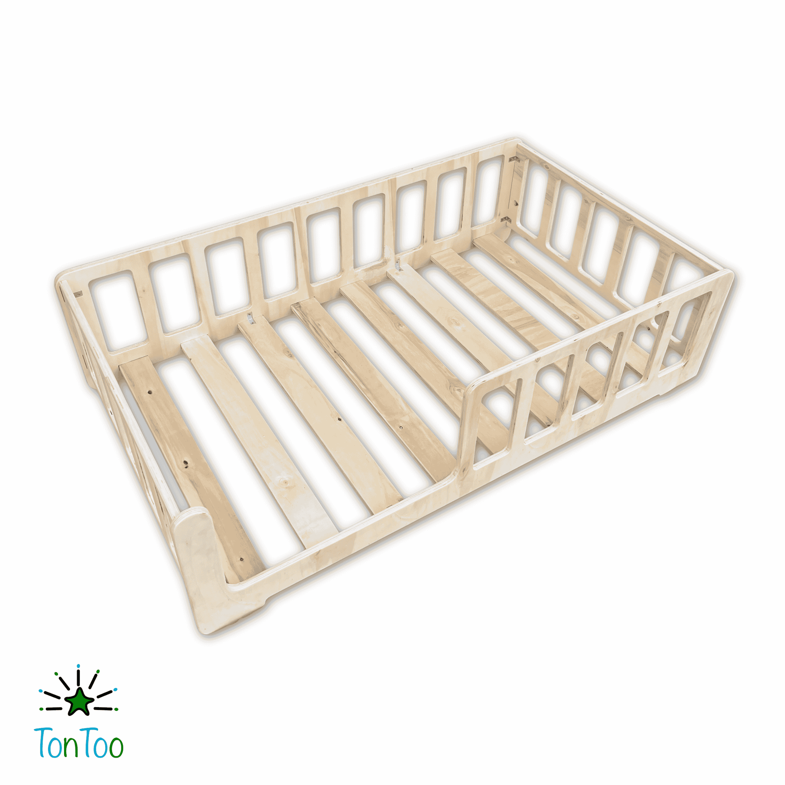 Doğal ahşap Montessori çocuk yer yatağı (80x140cm). Kontrplak bebek karyolası, 0-6 yaş için güvenli alçak yatak.