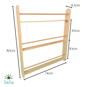 Ahşap Montessori çocuk kitaplığı. 3 raflı dikey kontrplak Kavelalı kitaplık (80x74 cm). Kitaplara kolay erişim rafı