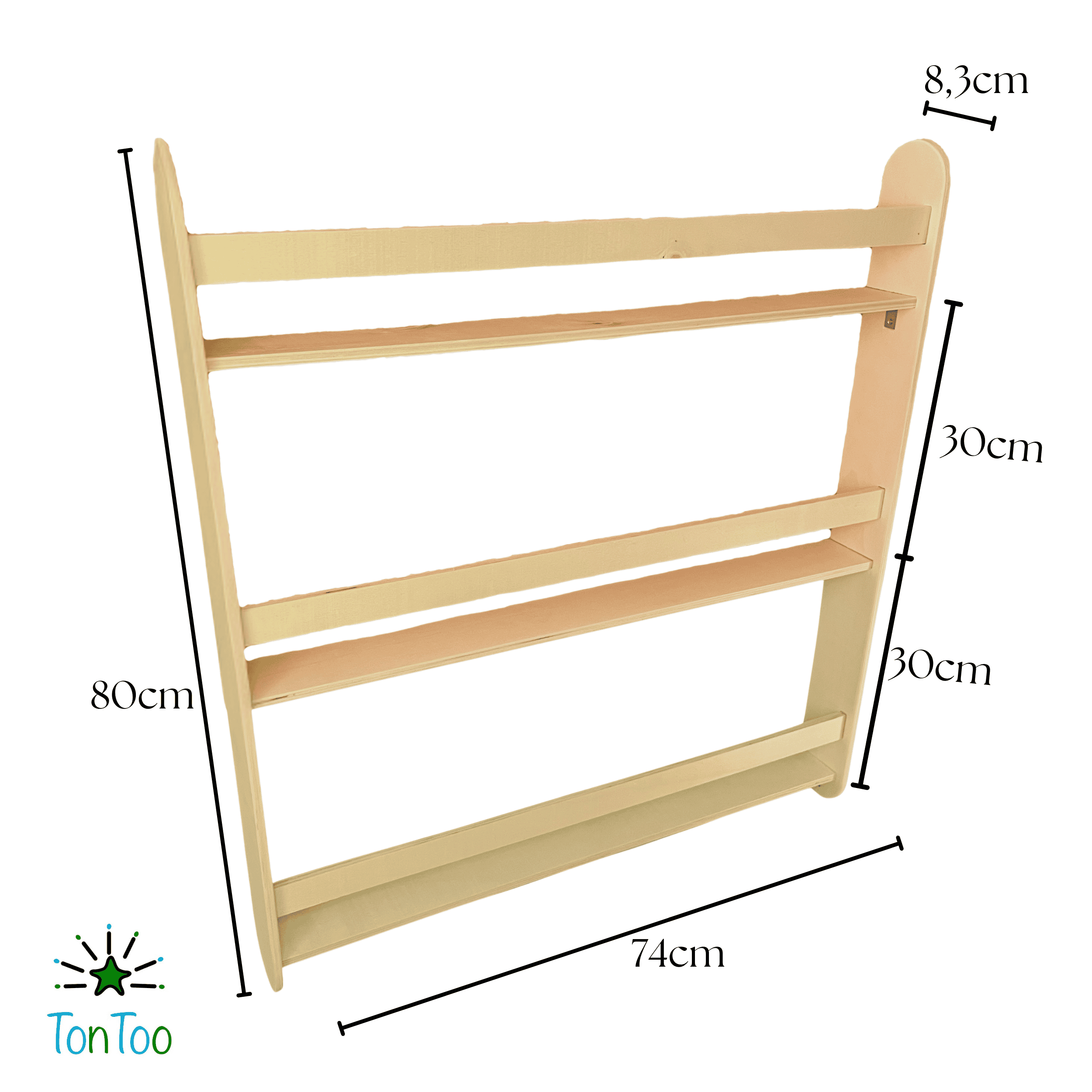 Ahşap Montessori çocuk kitaplığı. 3 raflı dikey kontrplak kitaplık (80x74 cm). Kitaplara kolay erişim rafı.