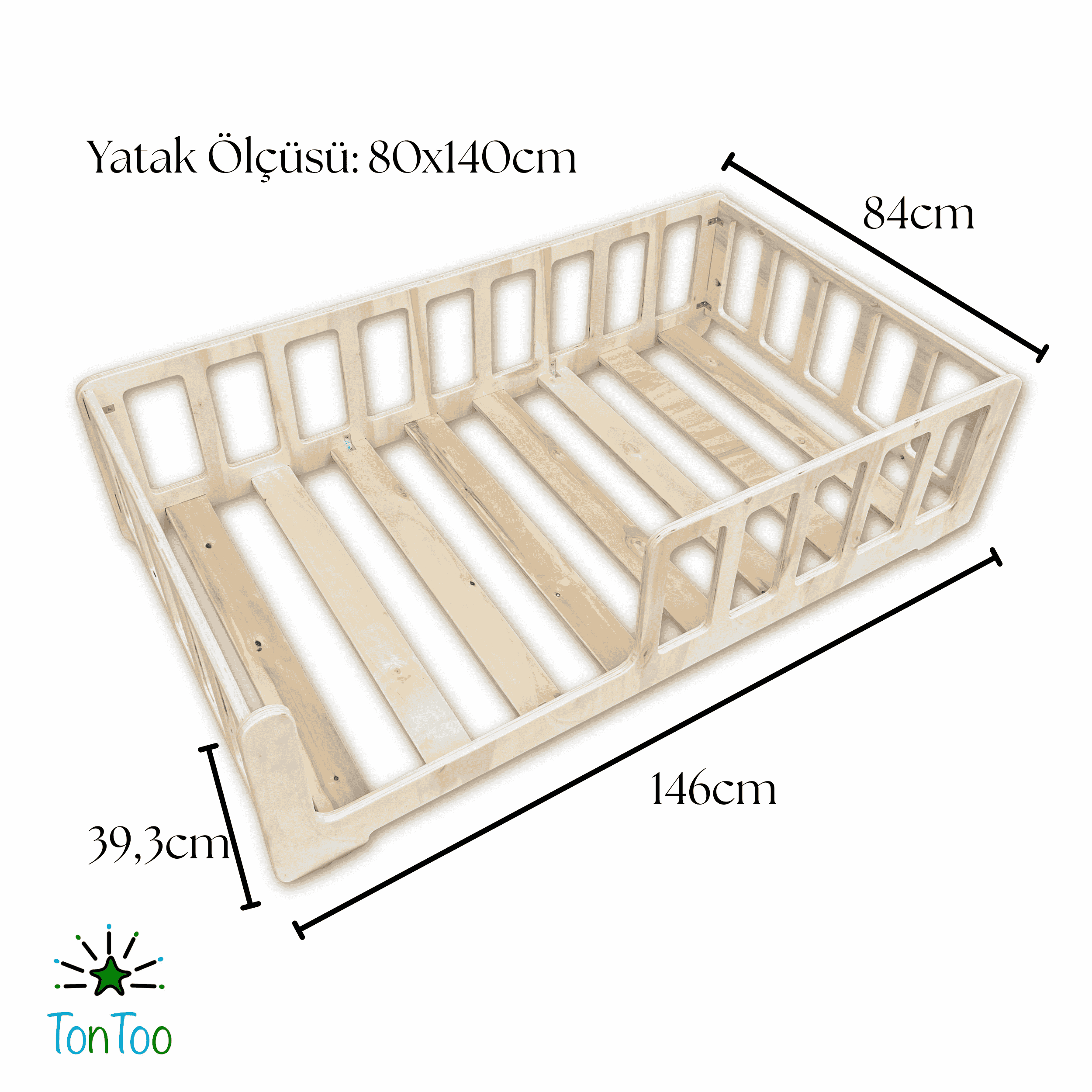 Doğal ahşap Montessori çocuk Çift Yönlü yer yatağı (80x140cm). Kontrplak bebek karyolası, 0-6 yaş için güvenli alçak yatak.